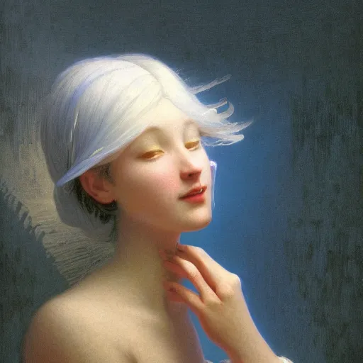 Image similar to a young woman's face, her hair is white and she wears a cobalt blue satin cloak, by ivan aivazovsky and syd mead and moebius and gaston bussiere and roger dean and pieter claesz and paul delaroche and alma tadema and aelbert cuyp and gabriel metsu, hyperrealistic, volumetric light, octane render