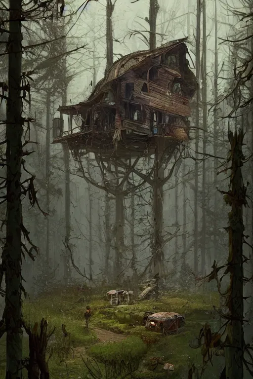 Image similar to an abandoned and overgrown ramshackle multistory hut in the woods, intricate, elegant, fantasy, highly detailed, digital painting, concept art, sharp focus, illustration, artstation, art by Simon Stålenhag