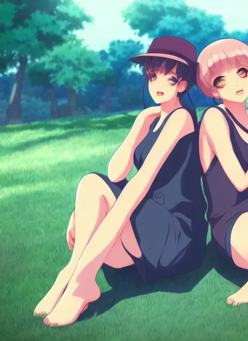 Image similar to two beautiful mothers sitting on a hot summer evening, gorgeous faces, thick lines, cinematic lighting, detailed anime art