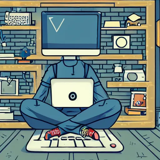 Image similar to a skinny computer nerd guy sitting on the floor of his room, crossed legs, laptop, smartphone, video games, tv, books, potions, jars, shelves, knick knacks, tranquil, calm, sparkles in the air, magic aesthetic, fantasy aesthetic, faded effect, illustration, digital illustration, detailed, highly detailed, 4K