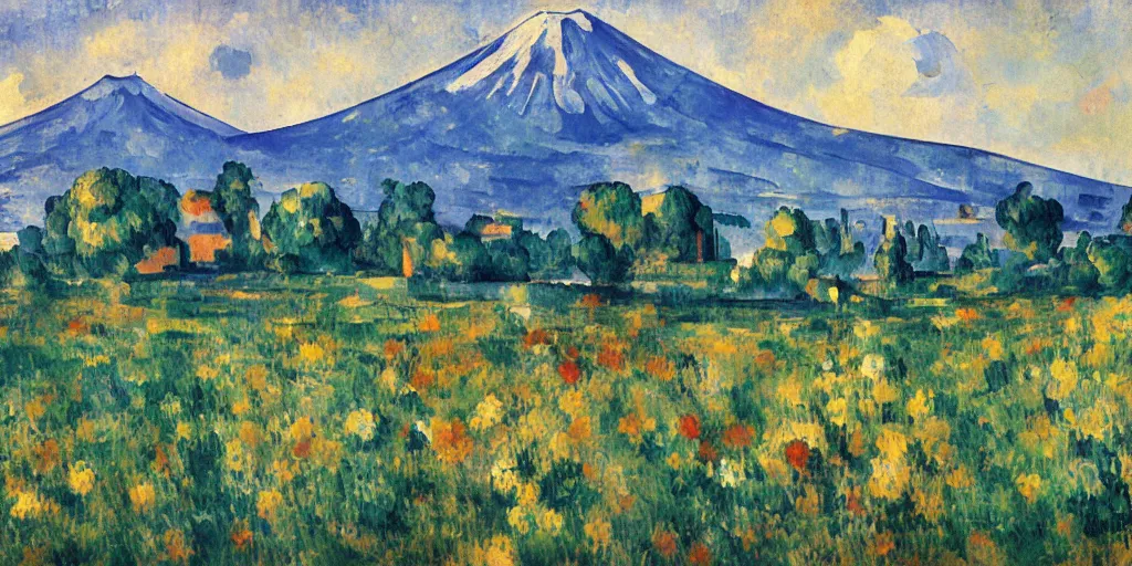 Prompt: Field of mixed flowers, Mount Fuji blurred in the background, good news on Sunday, Cézanne style,XIXth century painting with gold frame