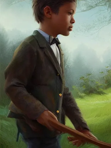 Image similar to a handsome young man, holding a adorned cane. walking in a rural area. intricate, elegant, highly detailed, digital painting, artstation, concept art, sharp focus, illustration, by justin gerard and artgerm, 8 k