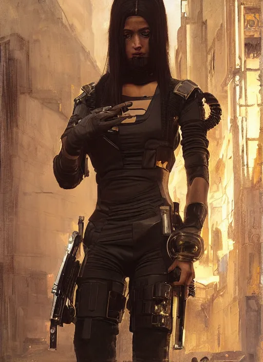 Image similar to Ada. beautiful cyberpunk Samurai woman wearing a military vest and military jumpsuit (cyberpunk 2077, bladerunner 2049). gorgeous african face. Iranian orientalist portrait by john william waterhouse and Edwin Longsden Long and Theodore Ralli and Nasreddine Dinet, oil on canvas. Cinematic, hyper realism, realistic proportions, dramatic lighting, high detail 4k