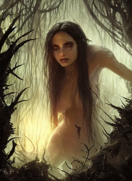 Prompt: a close - up of a beautiful succubus necromancer from magic the gathering, lord of the rings, and star trek ( ( ana de armas ) ) in a bioluminescent ancient dark forest, greg rutkowski, 8 k, shallow depth of field, intricate detail, concept art,