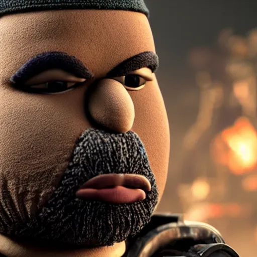 Image similar to kanye west muppet muppet in gears of war, splash art, movie still, detailed face, photorealistic facial features, cinematic lighting, dramatic, octane render, long lens, shallow depth of field, bokeh, anamorphic lens flare, 8 k, hyper detailed, 3 5 mm film grain