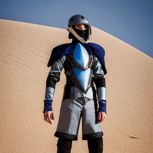 Prompt: low angle upper view of Austin Butler dressed in futuristic-baroque prussian blue duelist-garb and nanocarbon-vest and greaves, standing in an arena in Dune 2020, XF IQ4, f/1.4, ISO 200, 1/160s, 8K, RAW, unedited, symmetrical balance, face in-frame