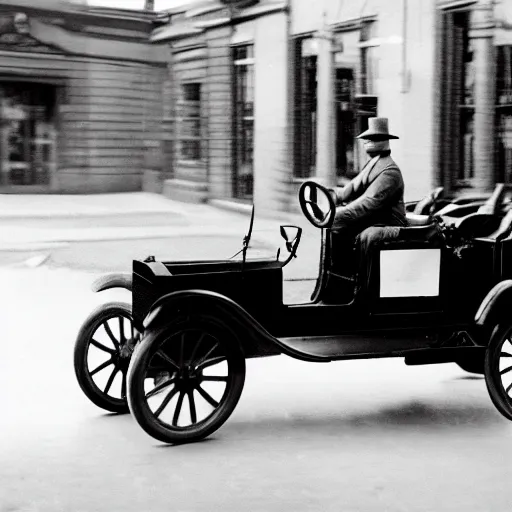 Prompt: a rabbit driving a model t ford, black and white photograph