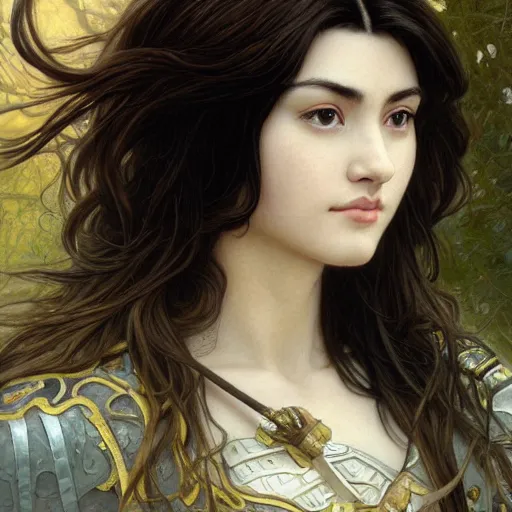 Image similar to Masterpiece head and shoulders portrait of a female Kazuto Kirigaya Kirito, young woman with brown long hair and bangs and wearing a long black coat breast-armor showing through, face, fantasy, intricate, elegant, highly detailed drawn by Donato Giancola and Fernanda Suarez and Artem Demura, face by Artgerm and Edmund Leighton, Alphonse Mucha, background by James Jean and Gustav Klimt, 4k, porcelain skin, komorebi, french nouveau, trending on pixiv, octane render, hyperrealistic