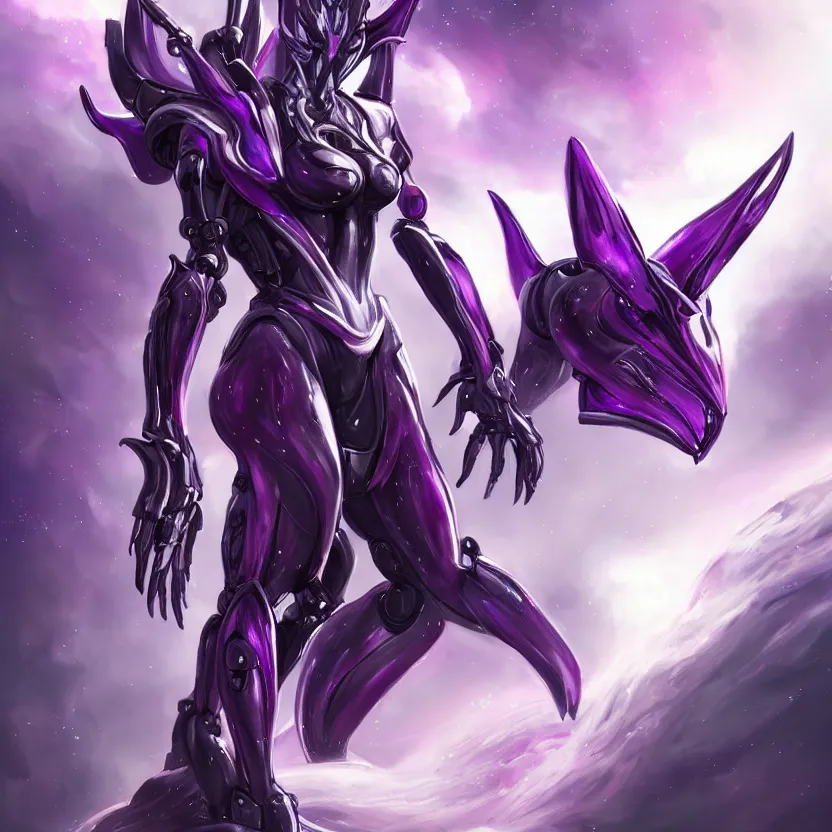 Image similar to cinematic front shot, cosmic sized proportional stunning beautiful hot female warframe, detailed robot mecha female dragon head, metal ears purple eyes, sleek silver armor, fuschia skin, floating in empty space, nebula sized, posing elegantly, epic proportions, epic size, epic scale, furry art, dragon art, giantess art, warframe fanart, furaffinity, deviantart