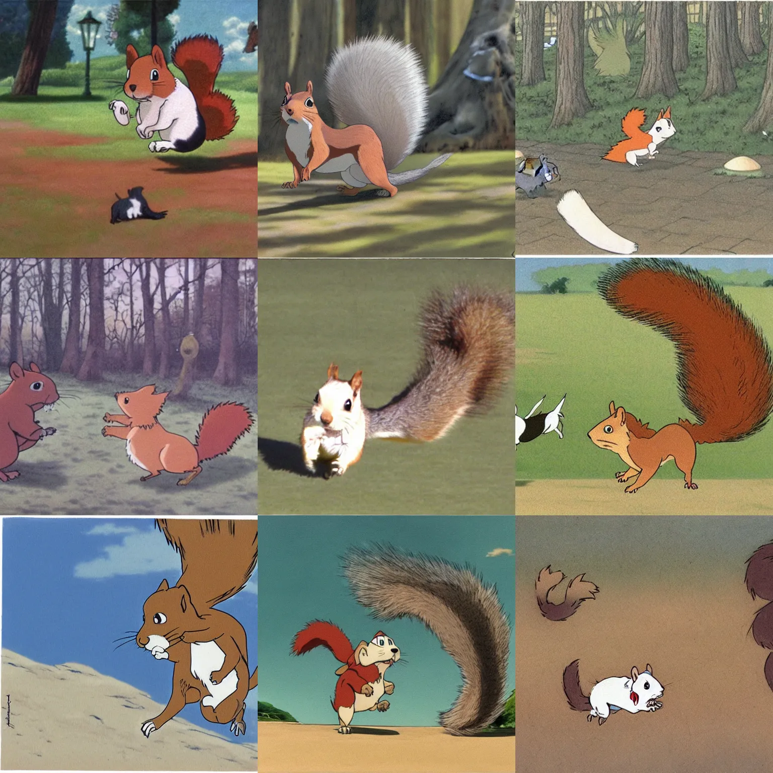 Prompt: squirrel being chased by a dog, Hayao Miyazaki