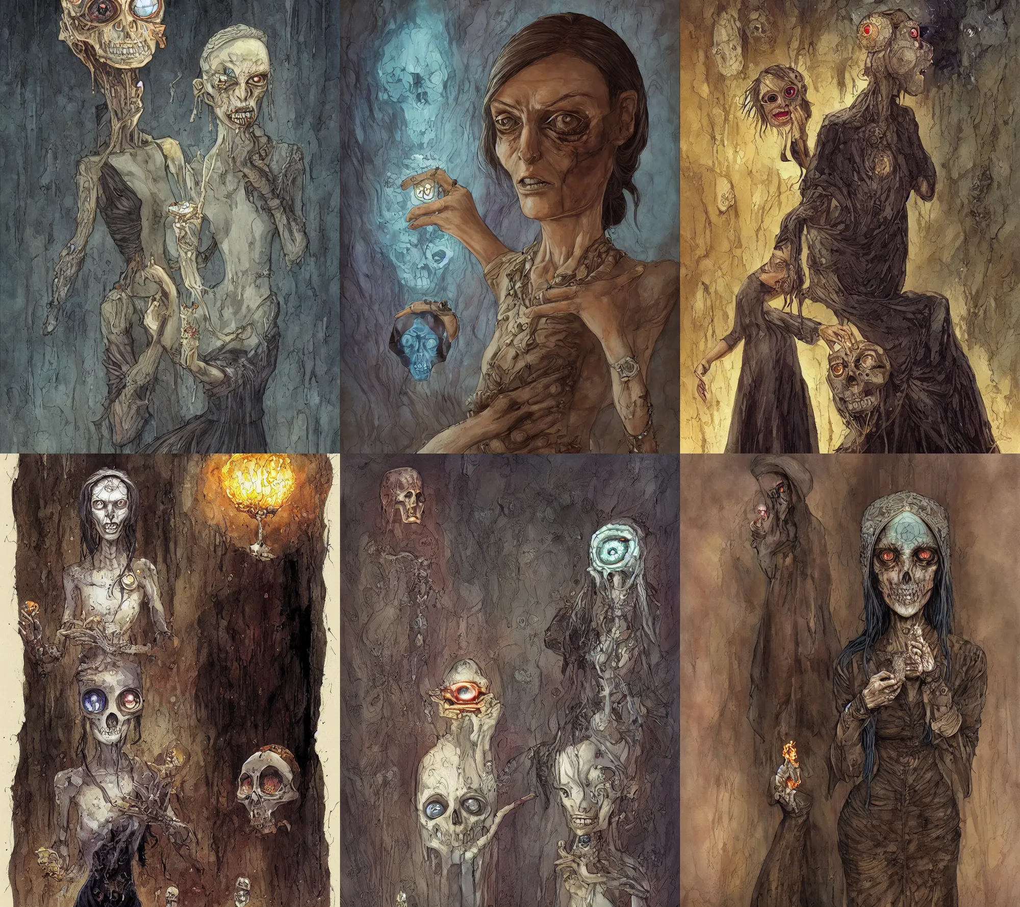 Prompt: a which with burning eyes, stares at a crystal skull in her hands. she wear a long dark dress. painted by regis loisel and enki bilal and tony sandoval and oliver ledroit. oil painting.