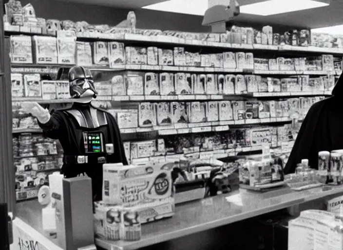 Image similar to film still of Darth Vader working as a clerk in a convenience store in Clerks movie 1994