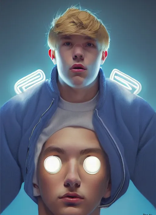 Image similar to portrait of high school senior boy named big moose, blonde short hair, jock, beefy, wide face, square jaw, square facial structure, blue varsity jacket with letter r, intricate, elegant, glowing lights, highly detailed, digital painting, artstation, concept art, sharp focus, illustration, art by wlop, mars ravelo and greg rutkowski