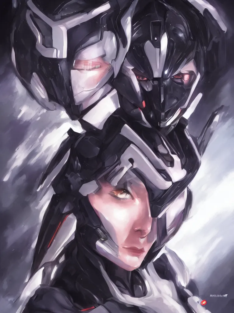 Image similar to A realistic anime portrait of a woman in a Gundam suit with glowing black, digital painting, by Stanley Artgerm Lau, Sakimichan, WLOP and Rossdraws, digtial painting, trending on ArtStation, SFW version