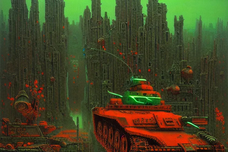 Image similar to glowing green alien crystals, polished green quartz surface irradiating radioactive zombie infested city, t - 9 0 tank, dark apocalyptic orange and red wasteland, beksinski