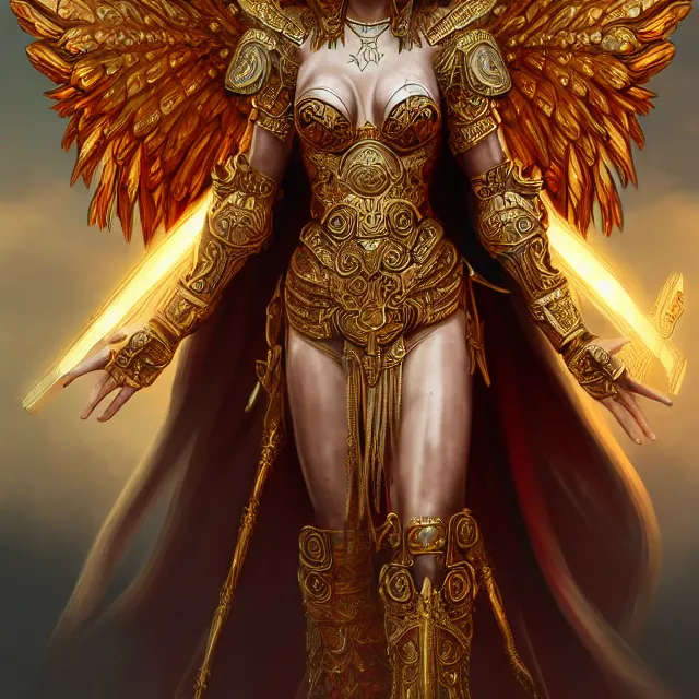 Prompt: beautiful angel warrior queen in ornate robes, highly detailed, 8 k, hdr, award - winning, trending on artstation, ann stokes