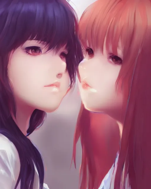 Image similar to portrait of two girls kissing, anime, drawn by WLOP, trending on Artstation