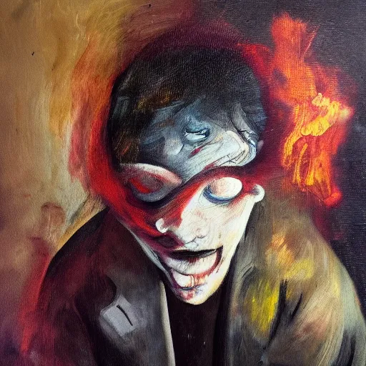 Image similar to wandering in sad childhood memories, smoking weed, mental health, derealisation, disconnected, oil painting, by francis bacon, emotional conflict, hd, 8 k, trending on artstation, paradoxal, perfect framing, neo - expressionism, expressive, masterpiece