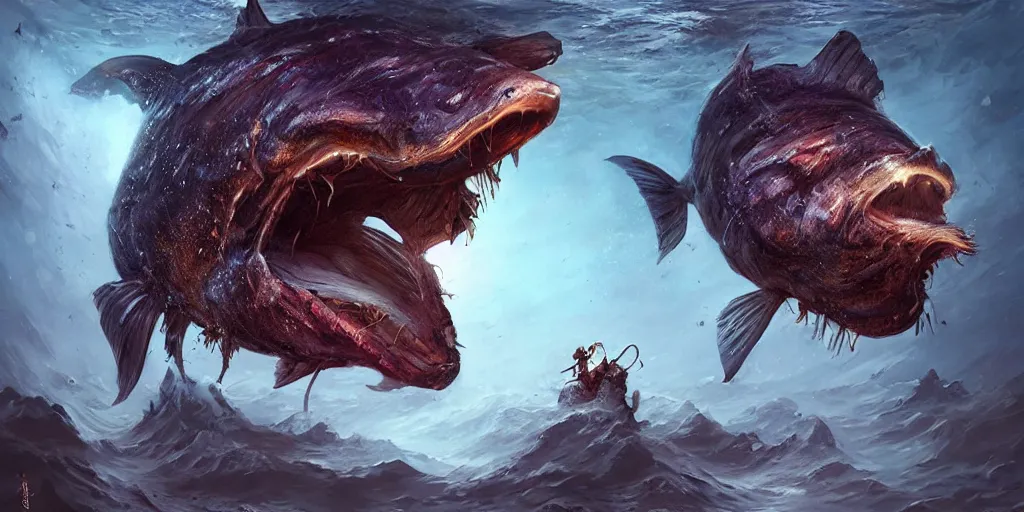 Prompt: giant colossal anglerfish from the depths, concept art, digital illustration, trending on artstation, deviantart, artgerm, epic composition, masterpiece, highly detailed, advanced technique, ambient lighting, wlop, ross draws