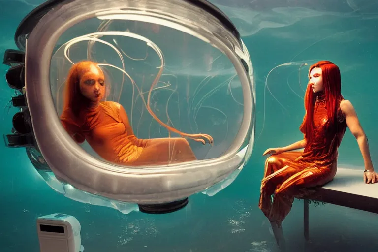 Prompt: high-angle view of a Ukrainian lush female jellyfish human hybrid wearing vacuum tube amp roman armor and transparent amber neck guard with transparent digital number readout floating in front of face, sitting inside of an submerged 1970s bungalow cabin with sunken floor and infinity mirror table, submersible vessel seamlessly rising through floor, soviet computer console on wall, ektachrome color photograph, volumetric lighting, off-camera flash, 24mm f8 aperture