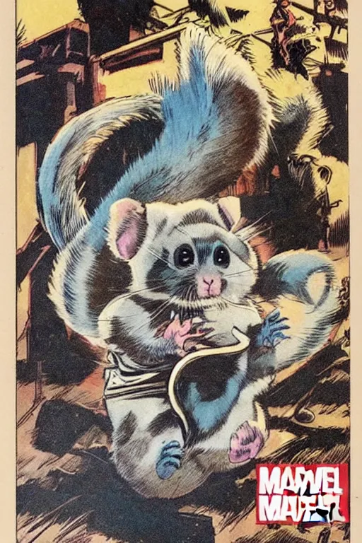 Image similar to john buscema chinchilla, cute animal in a gritty action scene, marvel comics