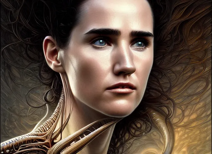 Prompt: portrait shot of young jennifer connelly in alien, intricate, elegant, highly detailed, centered, digital painting, artstation, concept art, smooth, sharp focus, illustration, artgerm, tomasz alen kopera, peter mohrbacher, donato giancola, joseph christian leyendecker, wlop, boris vallejo biomechanical xenomorph