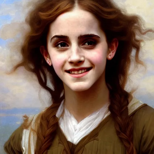 Image similar to Painting of Emma Watson as Hermione Granger. Smiling. Happy. Cheerful. Art by william adolphe bouguereau. Extremely detailed. Beautiful. 4K. Award winning.