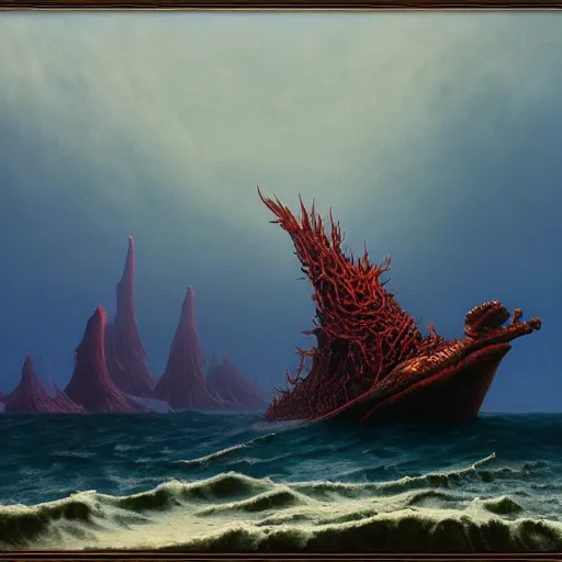 Image similar to sea monster, fantasy monster from the sea, painting, Zdzisław Beksiński , Ruan Jia, Rudolf Béres, James Zapata, Jamey 8k