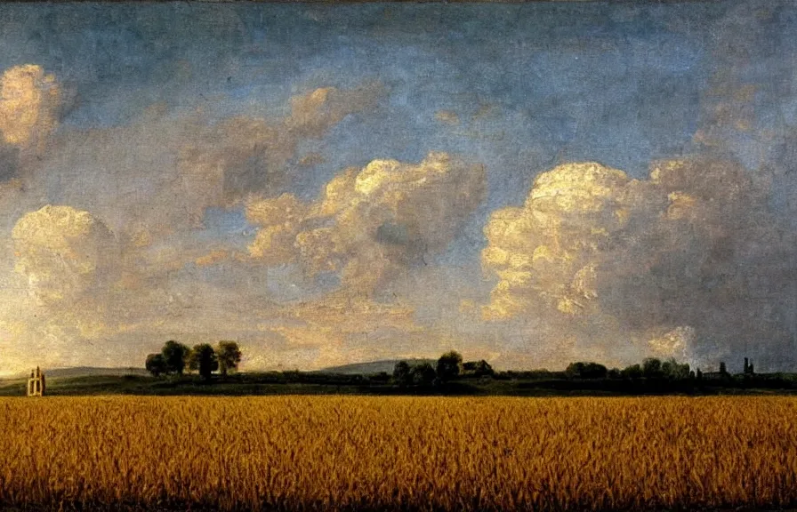 Image similar to isaac newton cenotaph!!! in the middle of a wheat field!! romantic era oil painting!!