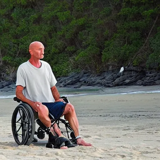 Image similar to still photo of john locke from the show lost. he is sitting on the beach and staring at a wheelchair, oil panting, cinematic, highly detailed