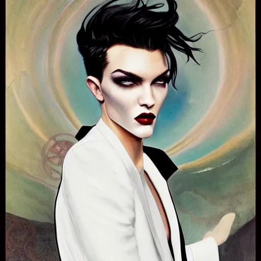 Prompt: stunning portrait of androgynous ruby rose as desire from sandman in a white tuxedo!!!, rockabilly style, by frank moth, by alphonse mucha, by jeremy mann, by peter lindbergh, dave mckean, white suit and black tie, soft lightning, high detailed, 8 k