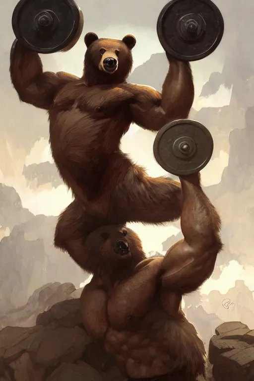 Image similar to anthro bear lifting weights, dim dingy gym, dynamic pose, fantasy, intricate, elegant, highly detailed, digital painting, artstation, concept art, matte, sharp focus, illustration, art by artgerm and greg rutkowski and alphonse mucha