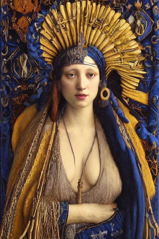 Prompt: portrait of the crow queen, by Donato Giancola and John Bauer and John William Godward and Vermeer, embroidered velvet, iridescent beetles, rich color, ornate headdress, flowing robes, lost runes, ancient civilizations,featured on Artstation, cgisociety, unreal engine, extremely detailed