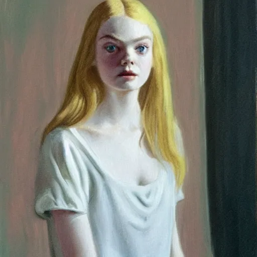 Image similar to Painting of Elle Fanning in The Shining, long blonde hair, delicate, pale milky white porcelain skin, by Edward Hopper. 8K. Extremely detailed.