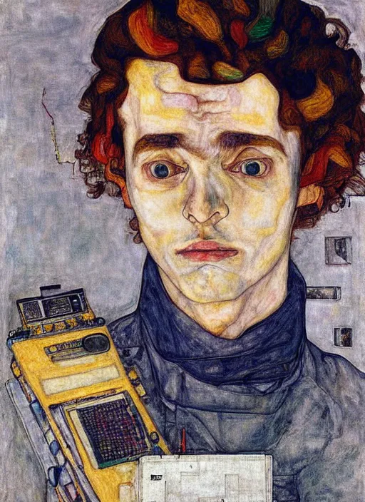 Image similar to creative coder with a computer, by egon schiele and quint buchholz, portrait, colorfull, detail