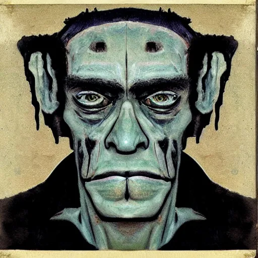 Prompt: frontal portrait of a sad frankenstein. a portrait by will kurtz.