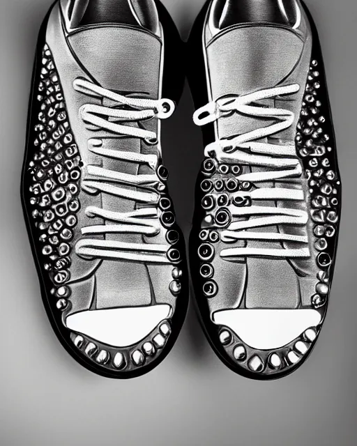 Image similar to balenciaga sneakers made out of clock parts, hyper realism, high detail, extremely detailed, very sharp, award winning photo, in the style of vivian maier