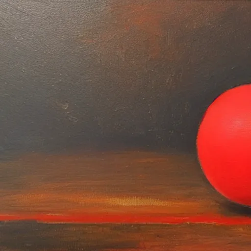 Prompt: a red ball on a wood surface, oil painting