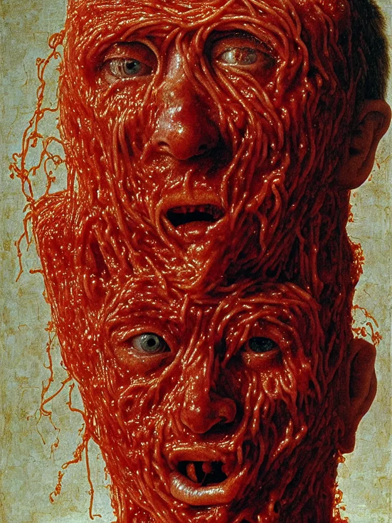 Image similar to a boy made of spaghetti and tomato sauce, looking into camera, screaming in pain, full body, by giuseppe arcimboldo and ambrosius benson, renaissance, intricate and intense oil paint, a touch of beksinski and hr giger and edward munch, realistic