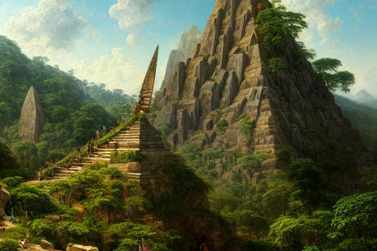 Prompt: a beautiful and highly detailed digital painting of a stone pyramid in the centre of a sprawling lush mountainous jungle, intricate details, epic scale, hyperdetailed, hyperrealism, artstation, cgsociety, 8 k, sharp focus, by caspar friedrich, albert bierstadt, james gurney,