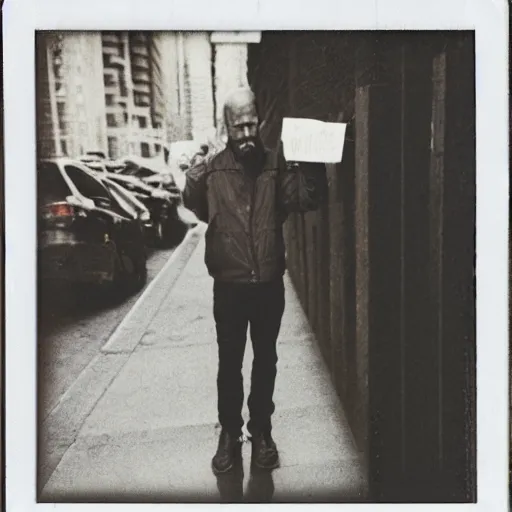 Prompt: Dave Ramsey as a homeless person asking for money on the street, tilted Polaroid shot