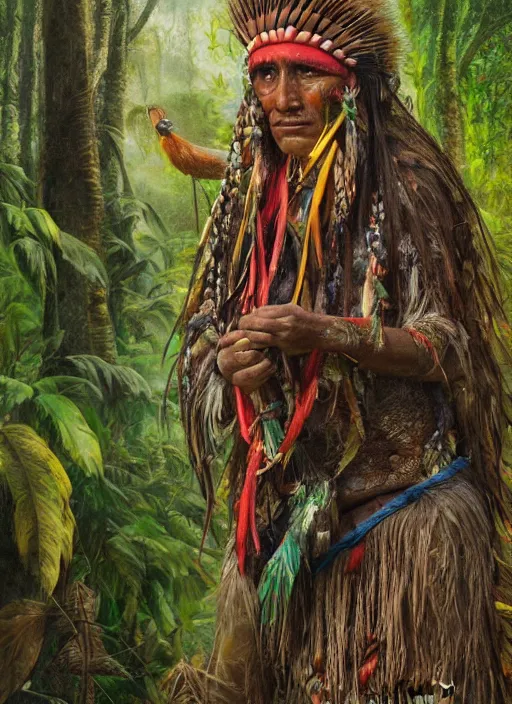 Image similar to a beautiful painted portrait of an indigenous shaman chanting in the jungle, matte painting, fantasy art, ayahuasca