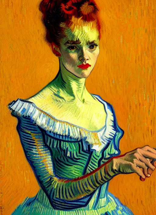 Image similar to !! portrait of a beautiful parisian dancer!!, detailed face, symmetrical painting, beautiful expressionist oil painting masterpiece, 8 k resolution, by van gogh, smooth, sharp focus, pastel color palette, trending on artstation