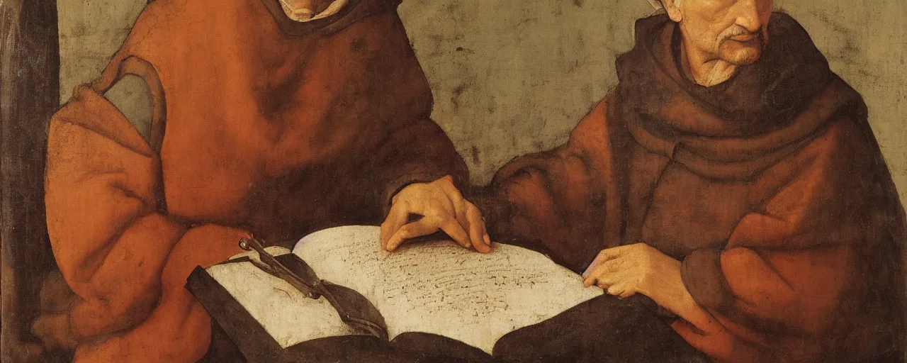 Prompt: Titian, Giovanni Bellini, Raphael painting of a medieval friar Jesuit at library drawing on Chinese scrolls, 17th century European fine art, masterpiece, oil on canvas, by Raphael, detailed, 4k resolution, realistic