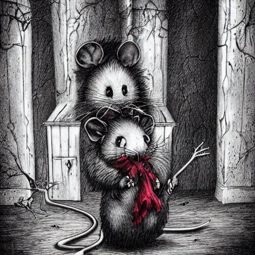 Prompt: real fluffal mouse inside scary nightmare atmosphere, horror, detailed realsitic