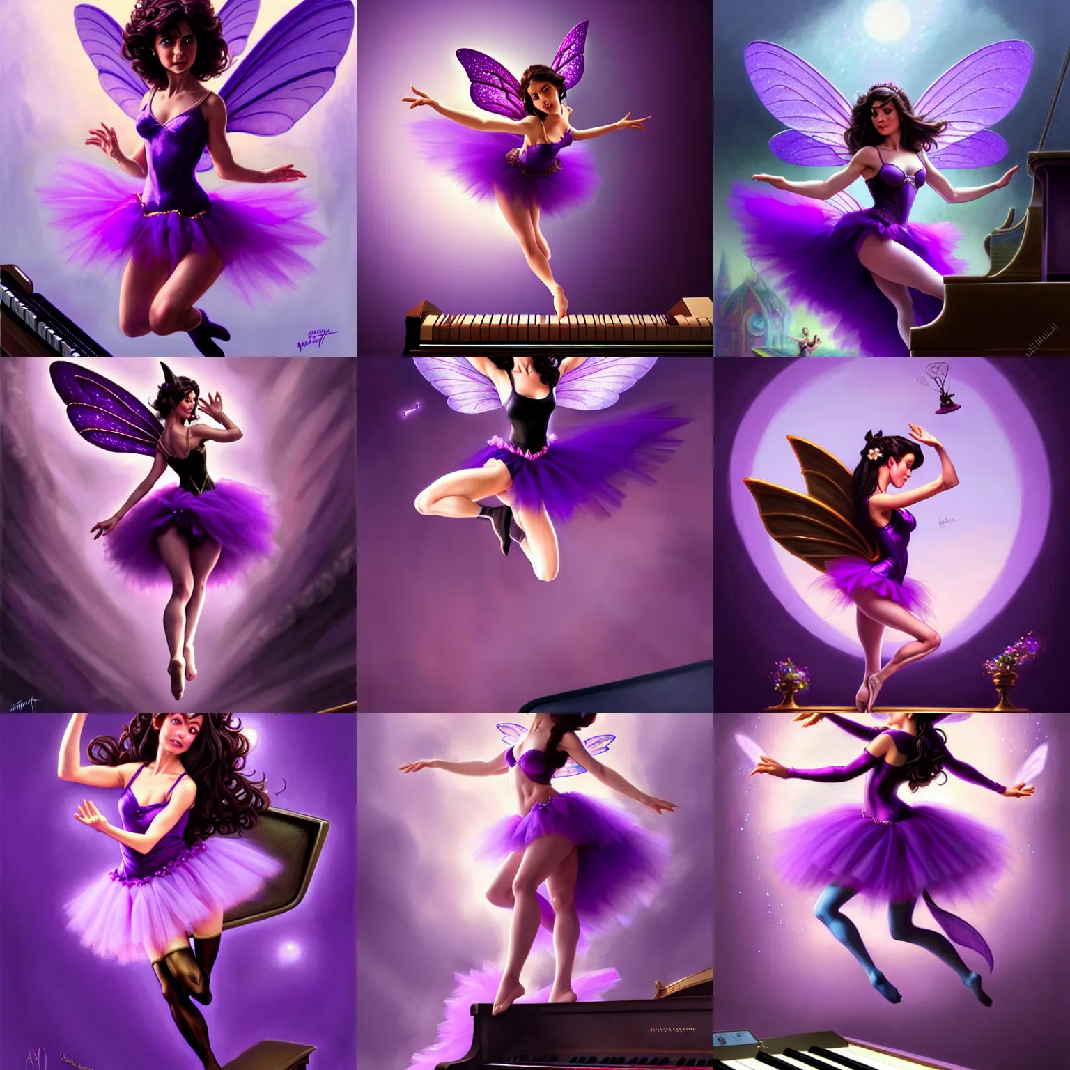 Prompt: happy brunette fairy woman stretching, wearing purple romantic tutu, standing on top of a piano, d & d, fantasy, highly detailed, digital painting, trending on artstation, concept art, sharp focus, illustration, art by artgerm and greg rutkowski and magali villeneuve