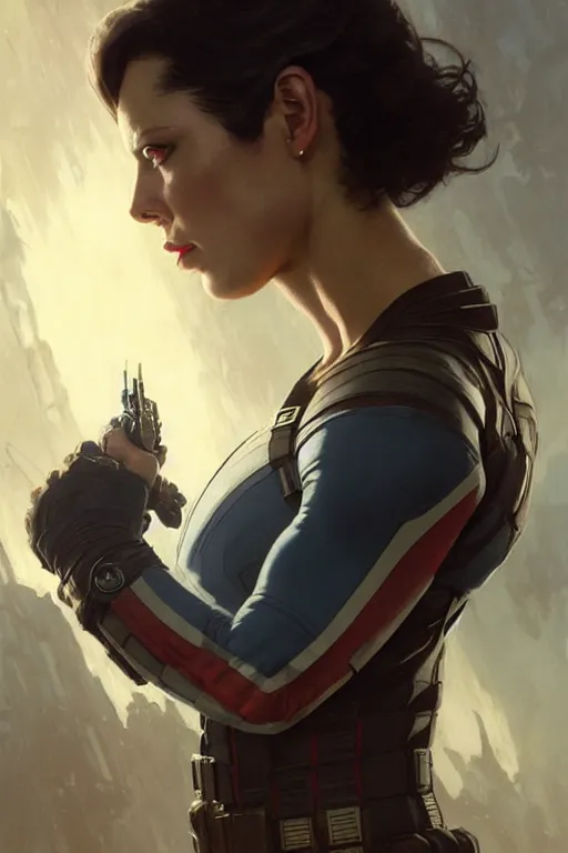 Image similar to aeon flux as captain america profile picture by Greg Rutkowski, matte painting, intricate, fantasy concept art, elegant, by Stanley Artgerm Lau, golden ratio, thomas kindkade, alphonse mucha, loish, norman Rockwell,