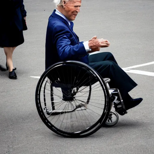 Image similar to joe biden falling down a wheelchair, detailed, 8 k, detailed face, photorealistic, sharp focus