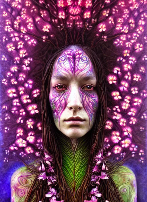 Prompt: psychedelic organic shaman, made of orchids and cherry blossom trees and roots, diffuse lighting, fantasy, intricate, subconscious, highly detailed, photorealistic, digital painting, artstation, beautiful woman, concept art, smooth, sharp focus, by john collier and albert aublet, by amanda sage