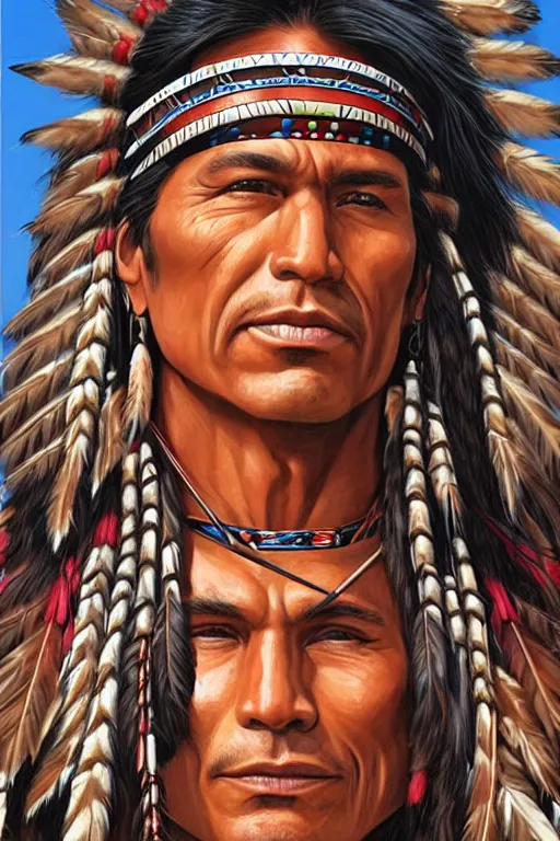 Image similar to thin native American Indian man in his early 30s, by Steve Henderson, Sandra Chevrier, Alex Horley